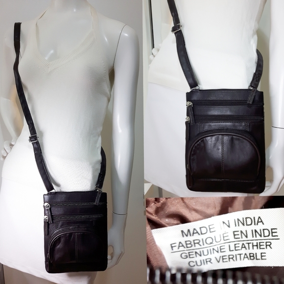 Vtg Brown Soft Leather Crossbody Bag🍂Multi Pocket Bag - Picture 2 of 8